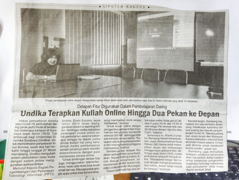 Undika Terapkan Kuliah Online Hingga Dua Pekan ke Depan