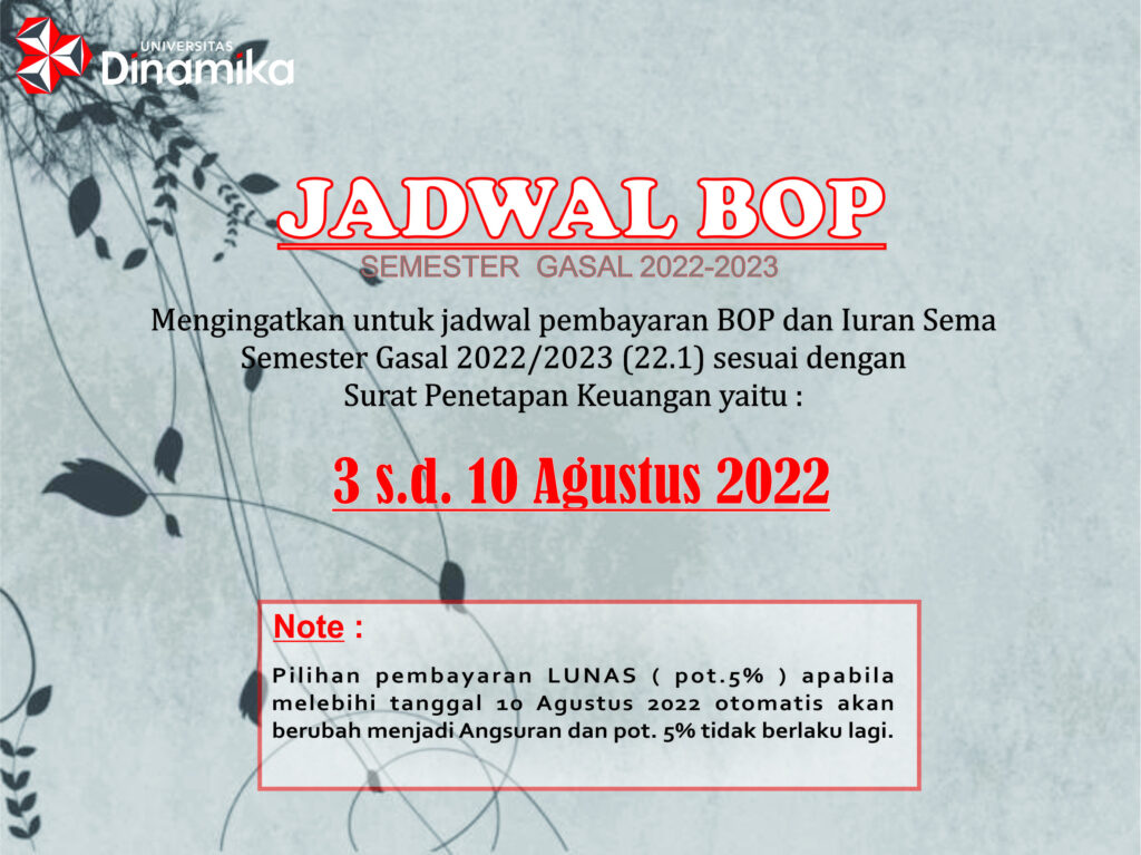 Jadwal Pembayaran BOP Semester Gasal 20222023 (21.1)